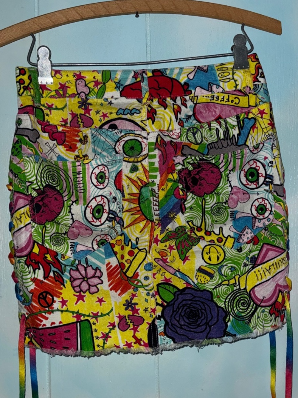 Current Mood Graphic Print Bright Colors Mini Skirt Laceup Side Seams Size Small - Picture 2 of 9